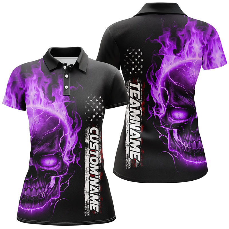 Purple Flame Skull Custom Bowling Polo Shirts For Women,  American Bowling Team Jerseys IPHW5276