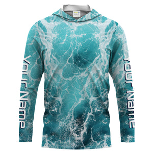 Custom Saltwater Long Sleeve performance Fishing Shirts, blue Sea wave camo Fishing jerseys IPHW1327