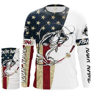 Personalized Bass Fishing American Flag Long Sleeve Fishing Shirts, Patriotic Fishing gifts - IPHW1076