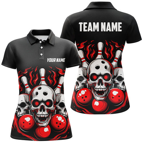 Custom Red Skull Bowling Team Shirts, Flame Bowling Jerseys Bowlers Shirts For Women IPHW5840