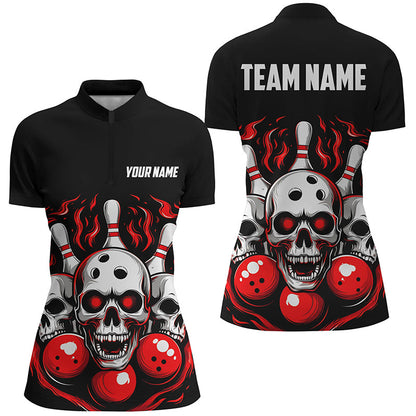 Custom Red Skull Bowling Team Shirts, Flame Bowling Jerseys Bowlers Shirts For Women IPHW5840