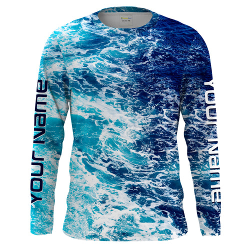 Custom Saltwater Long sleeve Fishing Shirts UV Protection, Sea wave camo Fishing Shirts - IPHW878