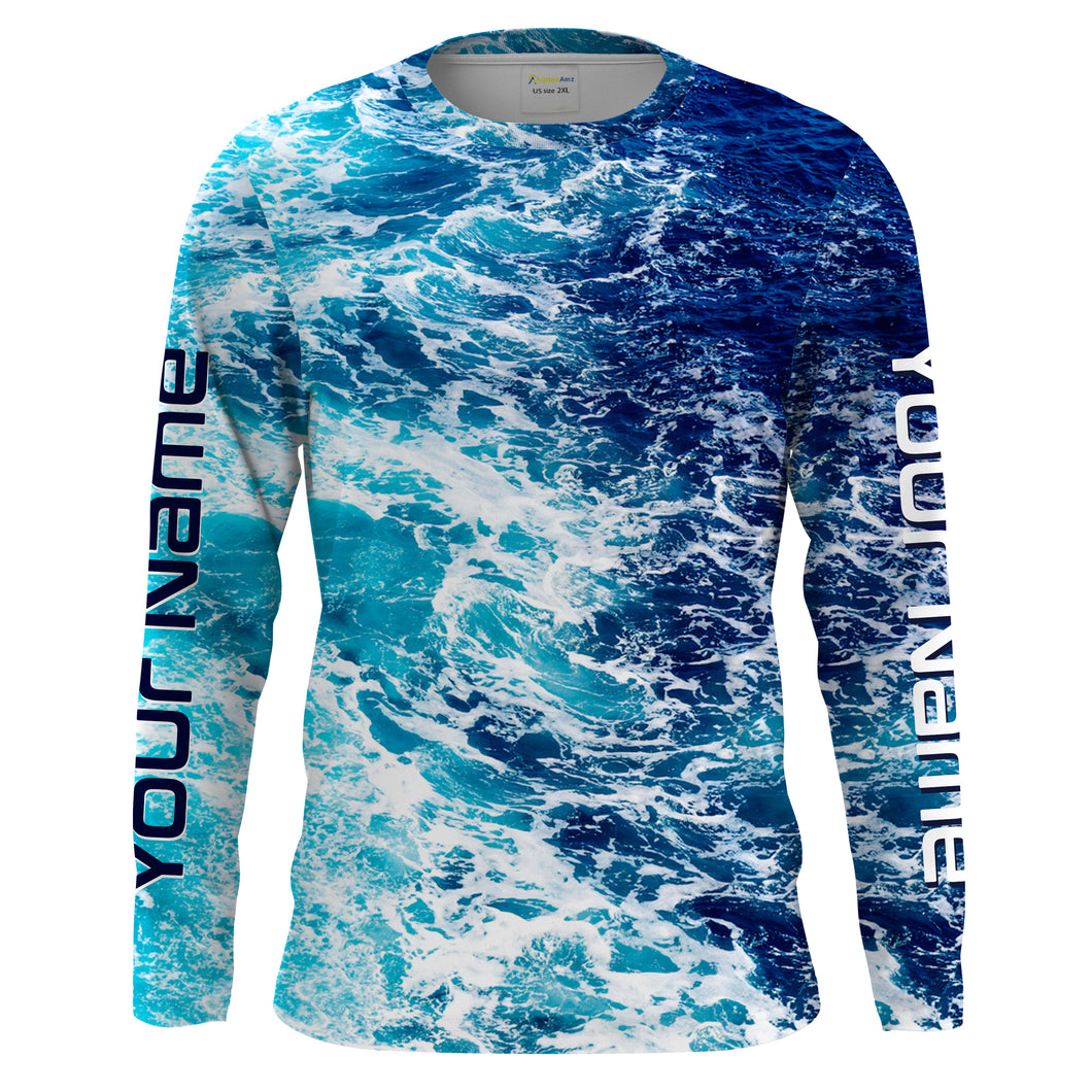 Custom Saltwater Long sleeve Fishing Shirts UV Protection, Sea wave camo Fishing Shirts - IPHW878