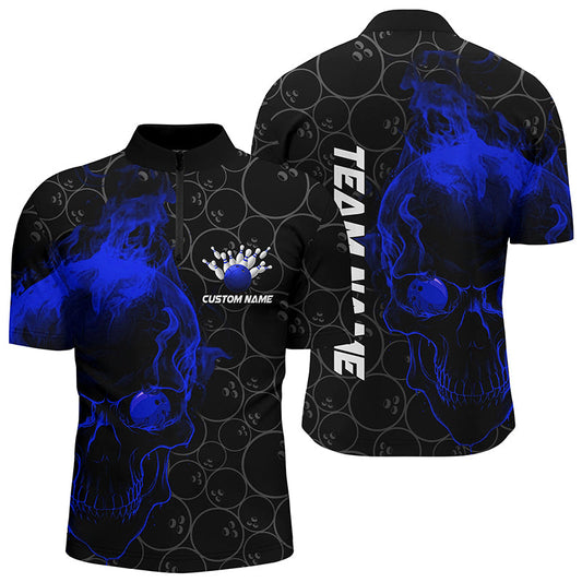 Custom Blue Skull Men Bowling Quarter Zip Shirts Team Bowling Jerseys Bowling League Outfits IPHW5417