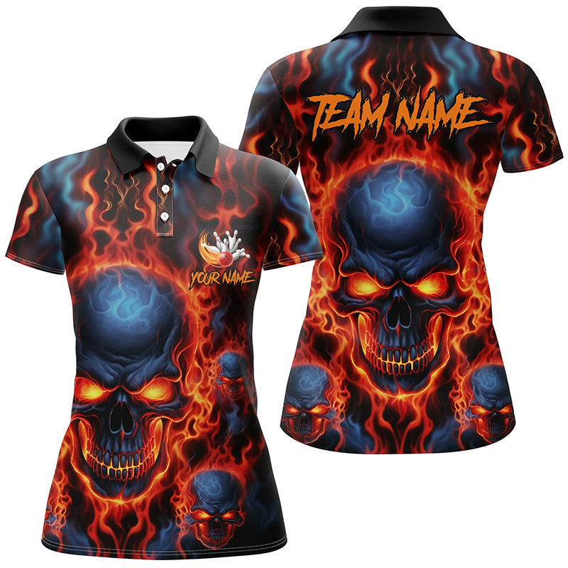 Flame Skull Custom Bowling Polo Shirts For Women, Team Bowling Jerseys Bowler Outfit IPHW5245