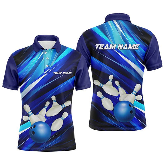 Blue Bowling Polo Shirts For Men, Bowling Ball And Pins Custom Bowling Team Jerseys IPHW5255