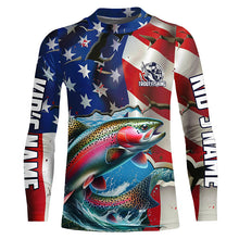 Load image into Gallery viewer, Custom American Flag Rainbow Trout Long Sleeve Fishing Shirts, Patriotic Trout Fisherman Jerseys IPHW6101