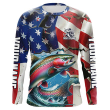 Load image into Gallery viewer, Custom American Flag Rainbow Trout Long Sleeve Fishing Shirts, Patriotic Trout Fisherman Jerseys IPHW6101