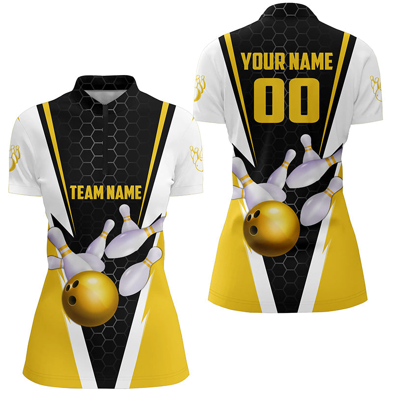 Custom Yellow Strike Bowling Quarter Zip Shirts For Women, Ladies Bowling Jerseys IPHW5285