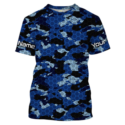 Custom Blue Fishing camo Long Sleeve performance Fishing Shirts, UV Protection Fishing apparel - IPHW1474