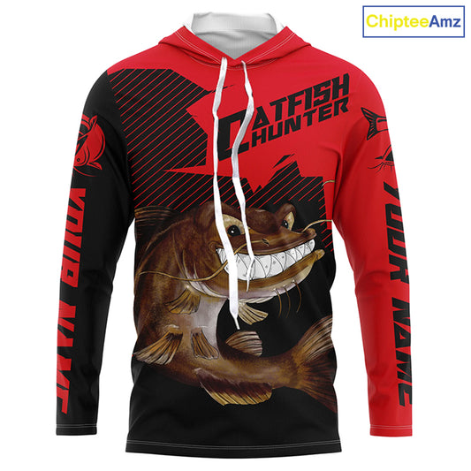 Angry Catfish Custom Long Sleeve Fishing Shirts, Catfish Hunter Fishing Jerseys | Black And Red IPHW4287