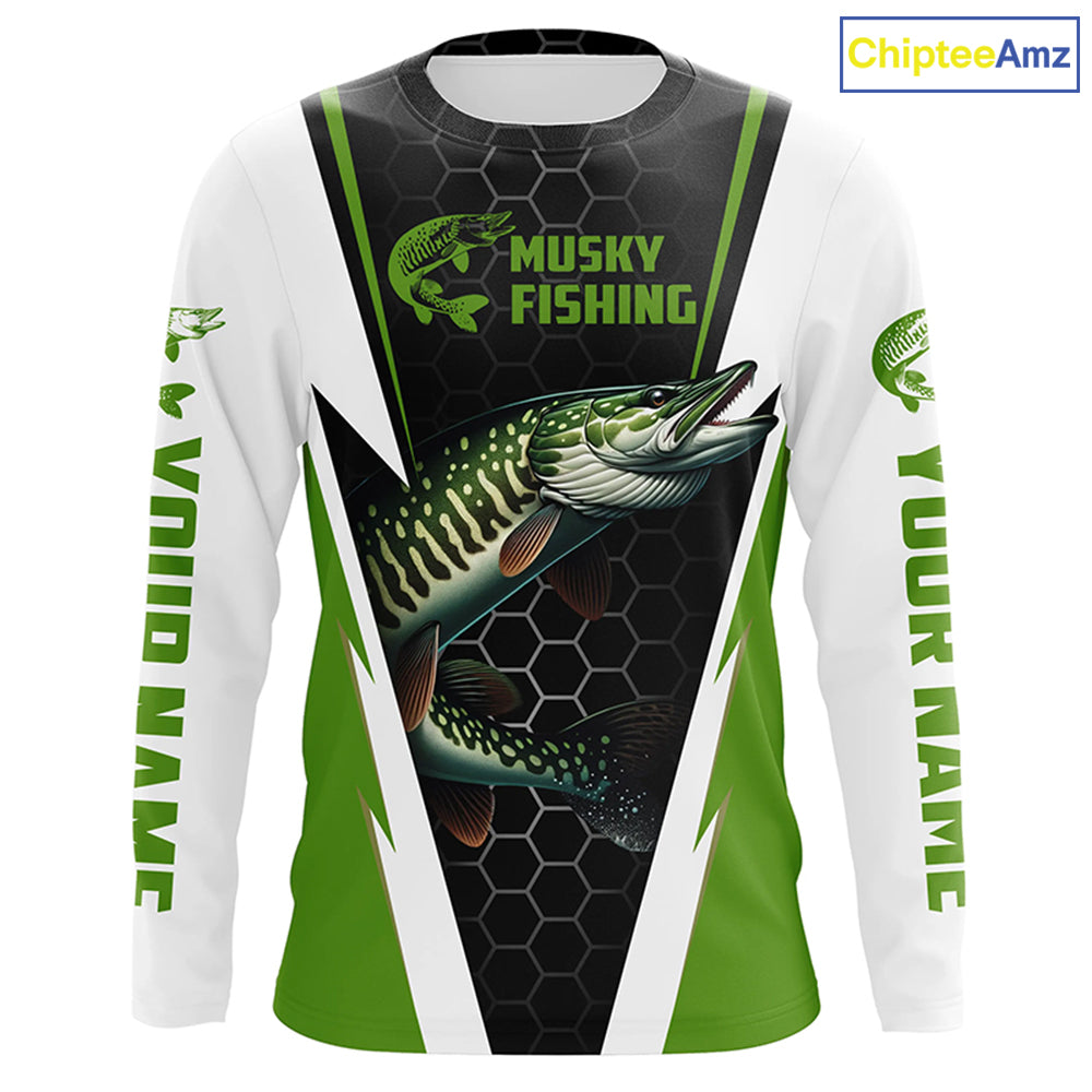 Personalized Musky Fishing Long Sleeve Tournament Fishing Shirts, Musky Fishing Jerseys |Green IPHW6142