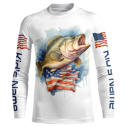 Bass Fishing American Flag Long Sleeve Fishing Shirts, Personalized Patriotic Bass Fishing Jerseys IPHW4696