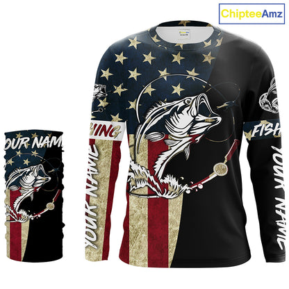 Personalized Bass Fishing American Flag Custom Long Sleeve Fishing Shirts, personalized Patriotic Fishing gifts - IPHW1193