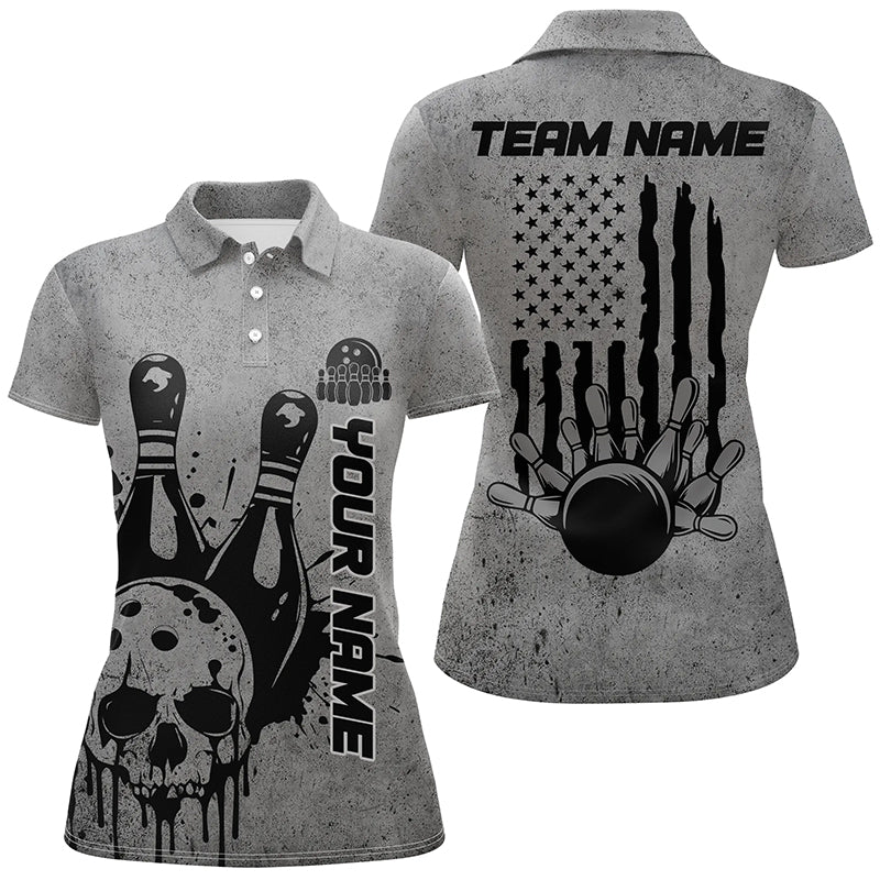 Custom American Flag Skull Bowling Shirts For Women, Patriotic Team Bowling Jerseys IPHW5846