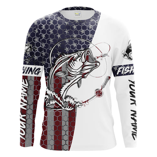 Bass Fishing American Flag Custom Long Sleeve performance Fishing shirts, persoanlized Patriotic Bass Fishing jerseys - IPHW1382