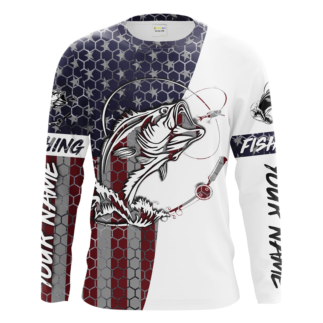 Bass Fishing American Flag Custom Long Sleeve performance Fishing shirts, persoanlized Patriotic Bass Fishing jerseys - IPHW1382