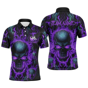 Custom Bowling Polo Shirts Men Purple Flame Skull Team Bowling Jerseys Halloween Bowler Outfits IPHW5380