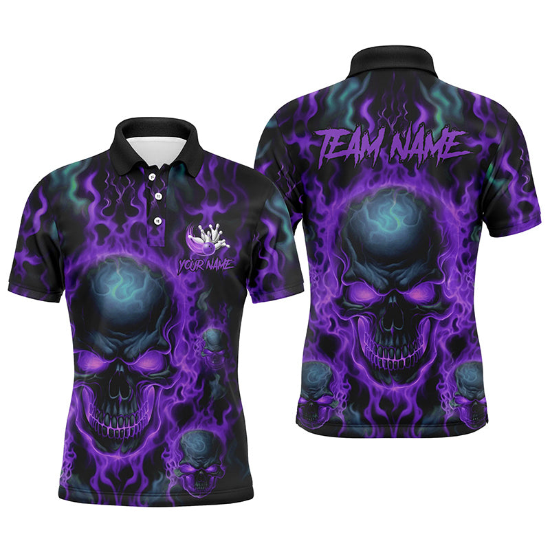 Custom Bowling Polo Shirts Men Purple Flame Skull Team Bowling Jerseys Halloween Bowler Outfits IPHW5380