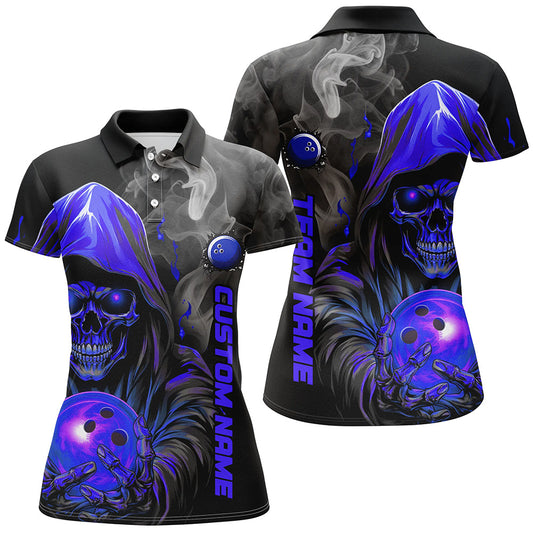 Personalized Blue Skull Women'S Bowling Team Jersey Smoke Bowling Polo Shirts For Bowlers IPHW5406
