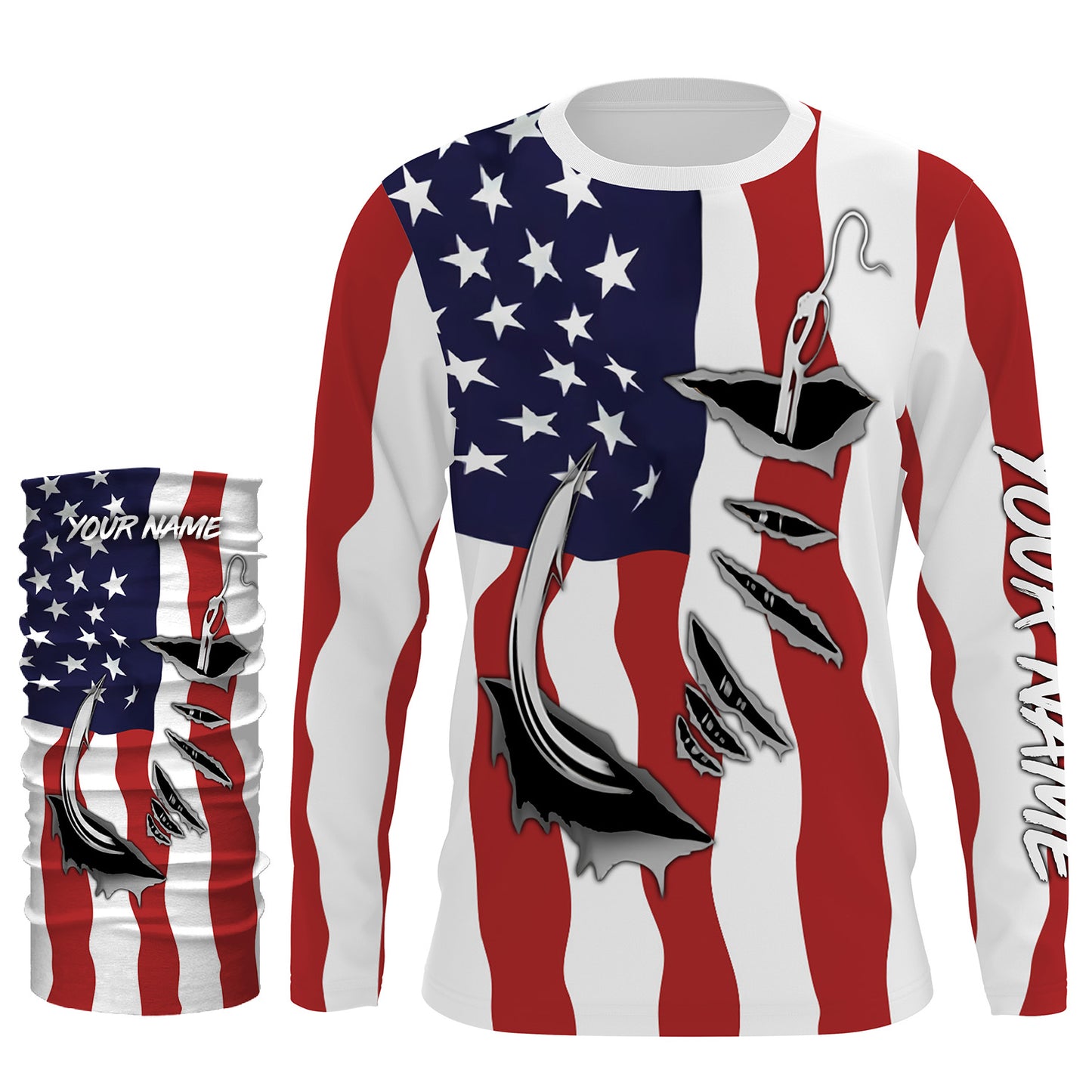 American Flag Patriotic Fish hook Custom Long sleeve Shirts, 4th of July Fishing tournament Shirts  - IPH1900