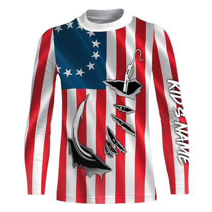 3D Fish Hook Old American Flag Custom Fishing Shirts, Patriotic Long Sleeve Fishing Shirts IPHW4787