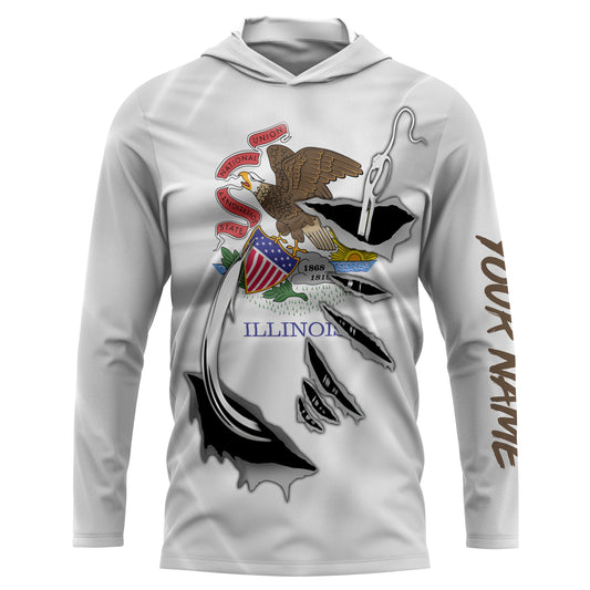 IL Illinois Flag Fishing 3D Fish Hook UV protection quick dry customize name long sleeves shirts personalized Patriotic fishing apparel gift for Fishing lovers IPH1908