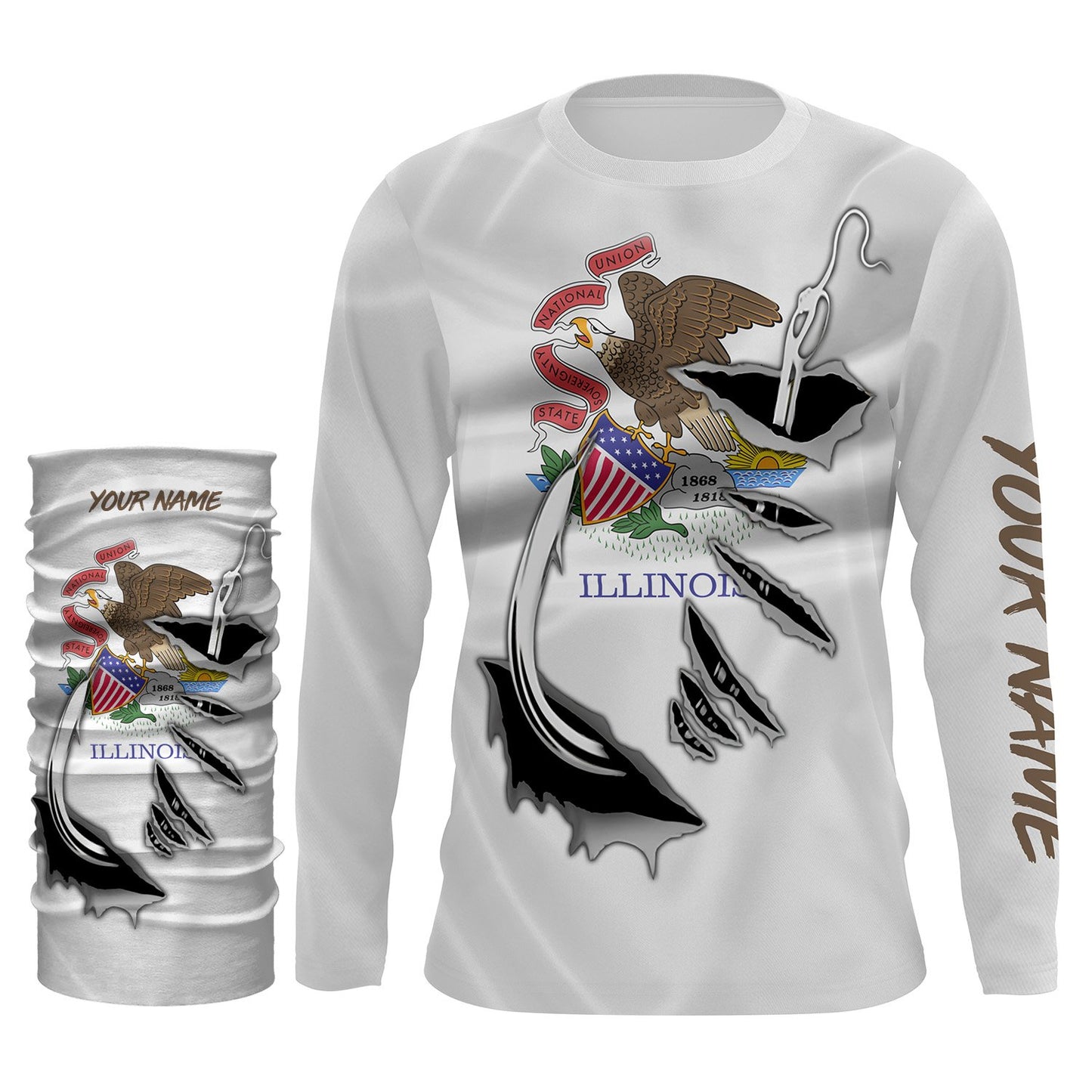 IL Illinois Flag Fishing 3D Fish Hook UV protection quick dry customize name long sleeves shirts personalized Patriotic fishing apparel gift for Fishing lovers IPH1908