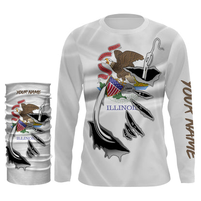 IL Illinois Flag Fishing 3D Fish Hook UV protection quick dry customize name long sleeves shirts personalized Patriotic fishing apparel gift for Fishing lovers IPH1908
