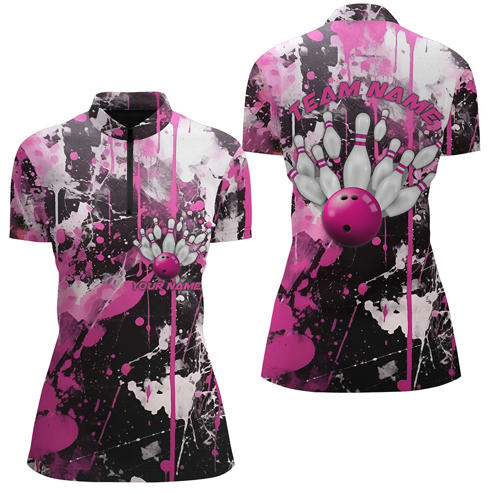 Pink Camo Bowling Team Shirts Women Quarter Zip Custom Bowling League Jerseys IPHW5411