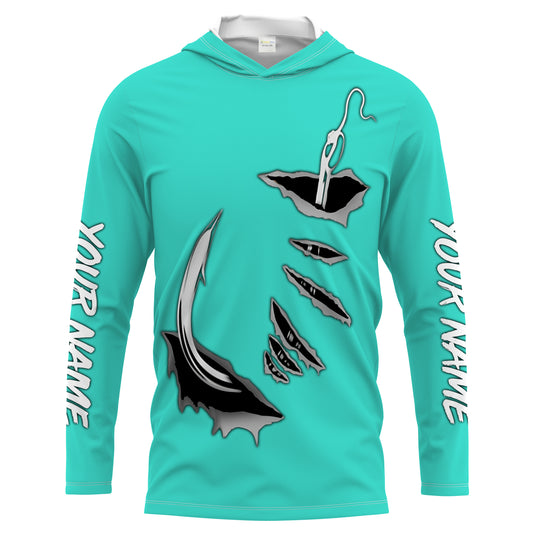 Fish hook Custom Turquoise blue Long Sleeve performance Fishing Shirts Fishing jerseys - IPHW1490