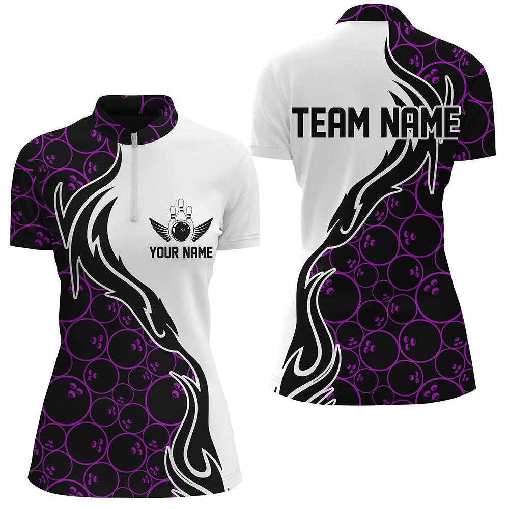 Purple Bowling Pattern Custom Women Bowling Quarter Zip Shirts Flame Bowling Team Jerseys IPHW5310