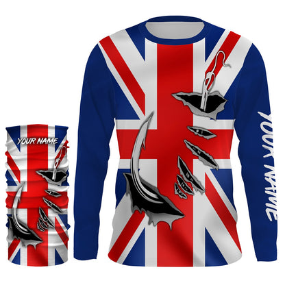 UK Fishing 3D Fish Hook England Flag Sun / UV protection quick dry customize name long sleeves shirts personalized Patriotic fishing apparel gift for Fishing lovers IPH1976