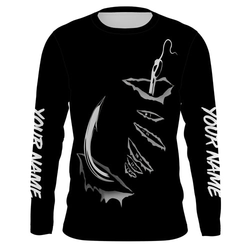 3D Fish hook Customize UV Protection Long sleeve performance black Fishing Shirts - IPHW522