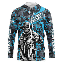 Load image into Gallery viewer, Custom Fish Reaper Skull Bass Long Sleeve Fishing Shirt, Bass Hunter Blue Camo Fishing Jerseys IPHW5638