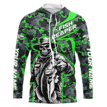 Load image into Gallery viewer, Custom Fish Reaper Skull Bass Long Sleeve Fishing Shirt, Bass Hunter Green Camo Fishing Jerseys IPHW5639