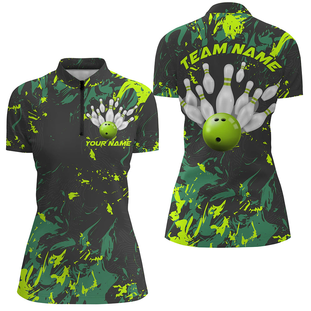 Black And Green Camo Bowling Team Shirts Custom Women Quarter Zip Bowling League Shirts IPHW5364