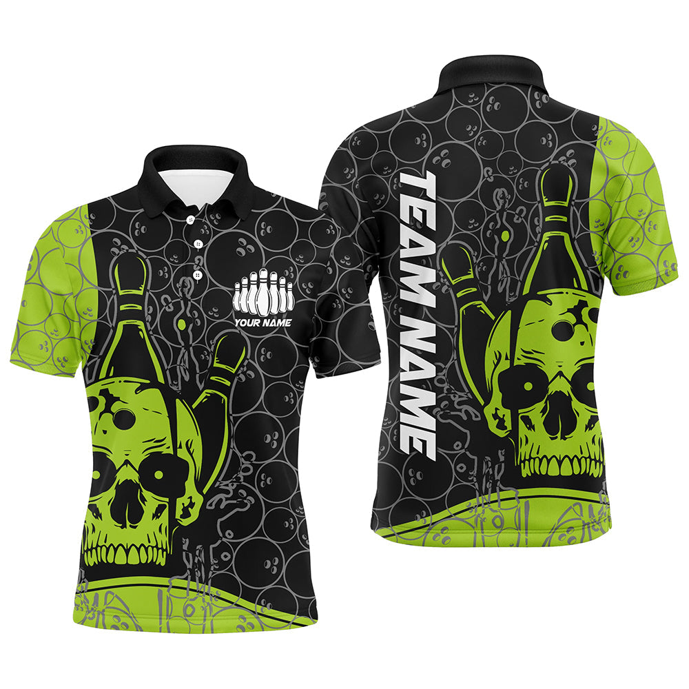 Custom Skull Bowling Shirts For Men And Women, Green Bowling Team Jerseys Bowling Polo Shirt IPHW5839