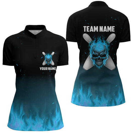 Blue Flame Skull Ladies Bowling Quarter Zip Shirts Custom Women Team Bowling Jerseys IPHW5375