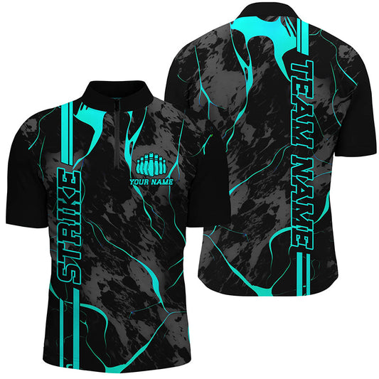 Custom Cyan Blue Strike Bowling Shirts Men Quarter Zip Camo Bowling Team Jerseys Bowling League IPHW5383