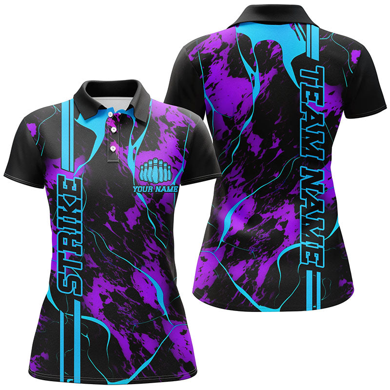 Custom Blue Purple Strike Bowling Shirts Women Polo Camo Bowling Team Jerseys IPHW5386