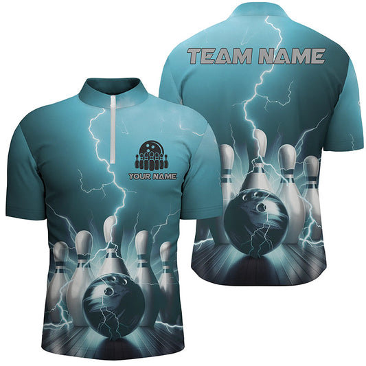 Personalized Blue Thunder Lightning Men Quarter Zip Bowling Shirts Strike Bowling Team Jerseys IPHW5394