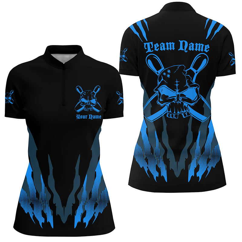 Custom Bowling Shirts For Women, Skull Bowling Team Shirts Bowling Pin | Blue IPHW4483