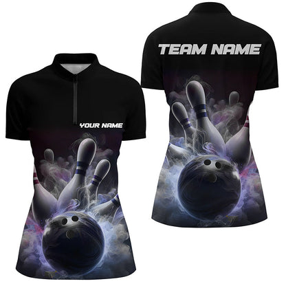 Custom Women Bowling Quarter Zip Shirts Smoke Bowling Team Jerseys Strike Bowling Shirts IPHW5402