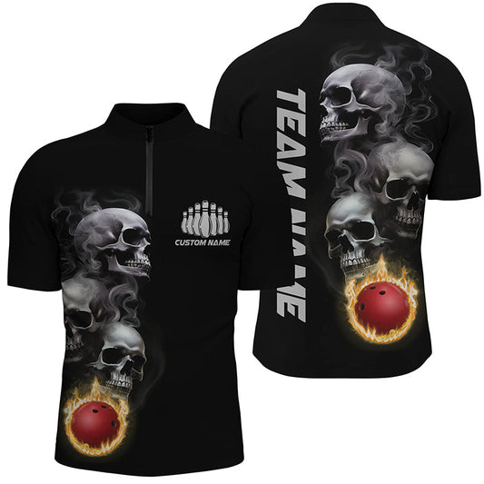 Skull Tattoo Flame Bowling Ball Men'S Polo Bowling Shirts, Personalized Bowling Team Outfit IPHW5251