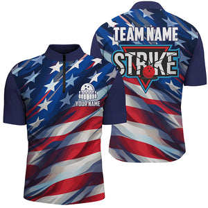 Custom American Flag Strike Bowling Quarter Zip Shirts For Men, Patriotic Bowling Team Jerseys IPHW5265