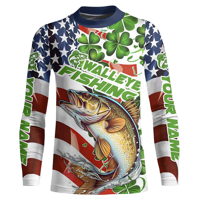 Personalized St Patrick'S Day Walleye Long Sleeve Fishing Shirts, Patriotic Walleye Fishing Jerseys IPHW5900