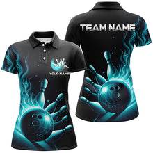 Load image into Gallery viewer, Personalized Blue Flame Bowling Polo Shirts For Women Bowling Team Jerseys Strike Bowling IPHW5822