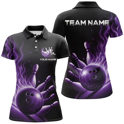 Personalized Purple Flame Bowling Polo Shirts For Women Bowling Team Jerseys Strike Bowling IPHW5823