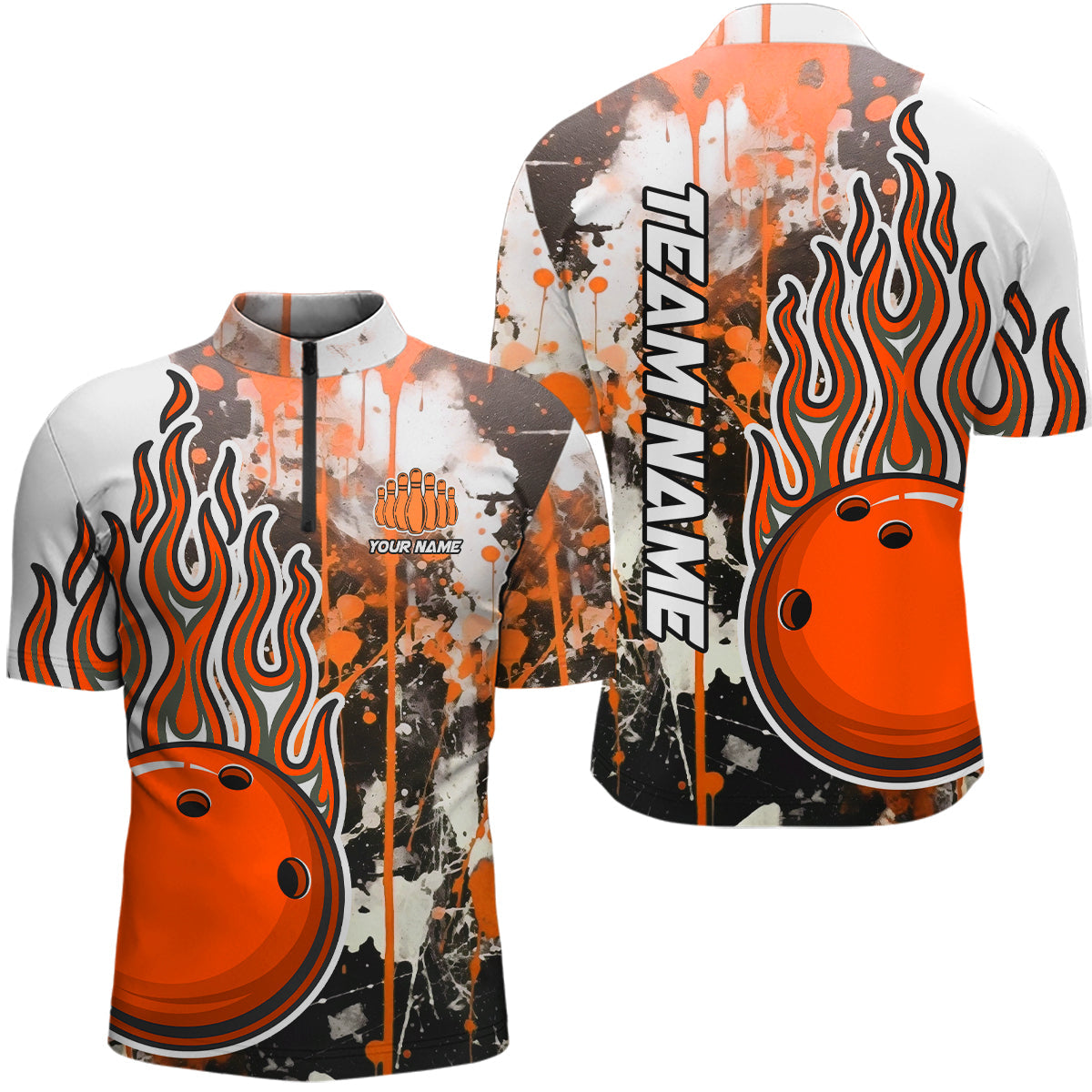 Orange Camo Flame Bowling Quarter Zip Shirts For Men Custom Bowling Team Jerseys Bowling League IPHW5419